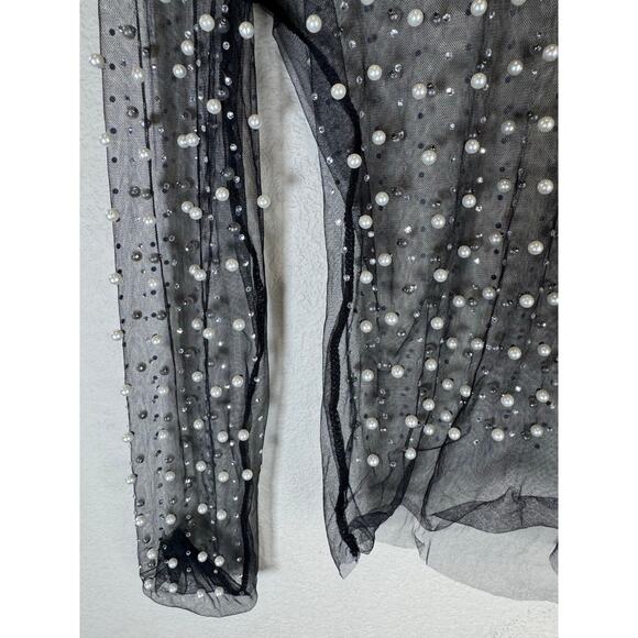 Black Sheer Mesh Pearl Top Long Sleeve Y2K Coquette Small - Picture 9 of 9